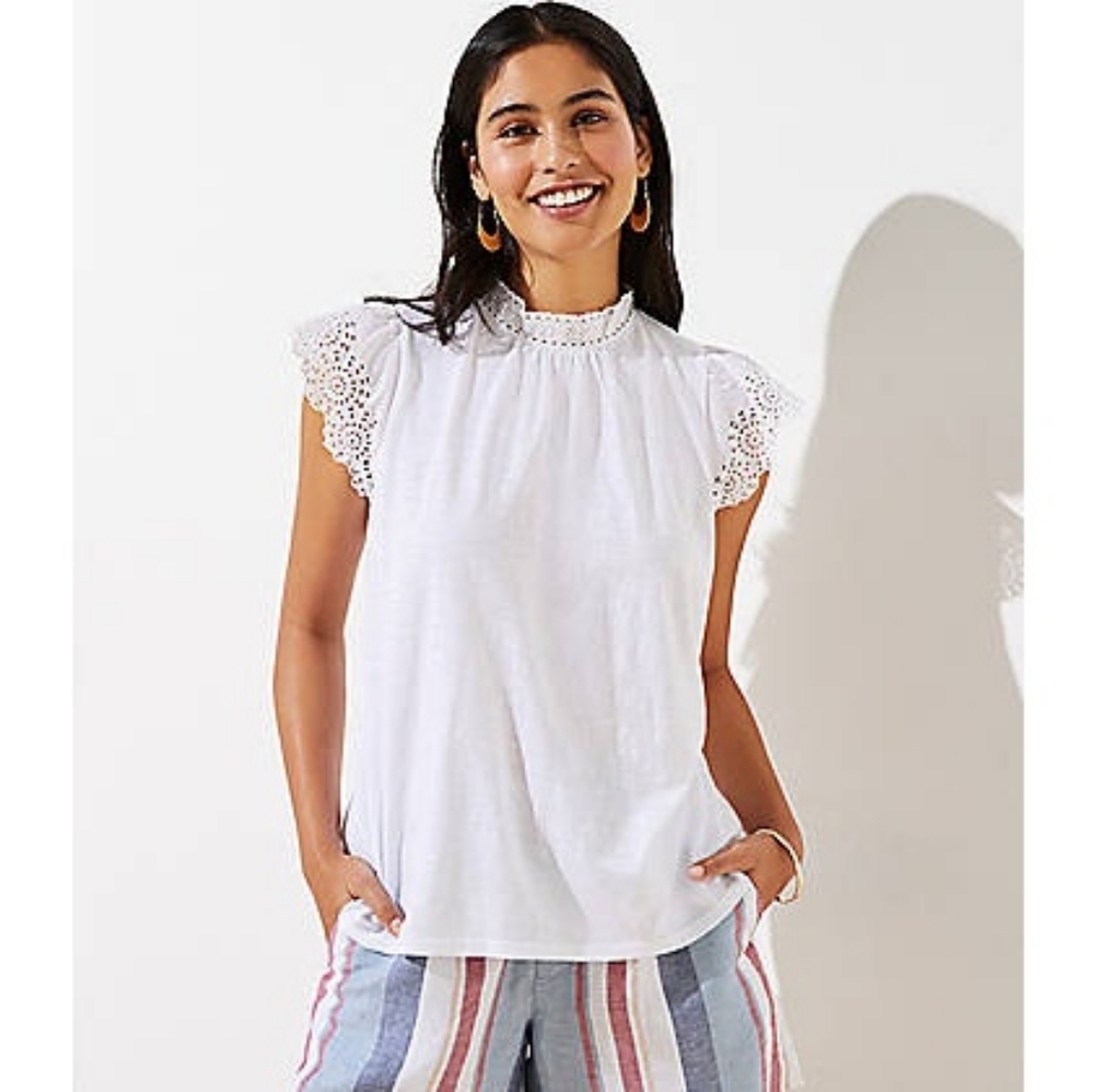 LOFT Eyelet Flutter Vintage Soft White Top